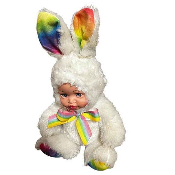Mega Toys Plush Vinyl Face Bunny Rabbit Doll Rainbow‎ Tie Dye Fur Costume - EUC - Picture 1 of 5